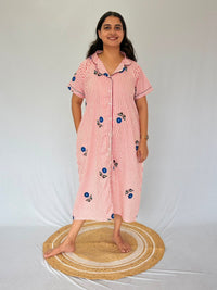 Peach Stripe And Blue Floral Printed Premium Cotton Full Open Long Polo Shirt Dress | Side Pocket | Free Size | Chest Width 44″| Length 44″
