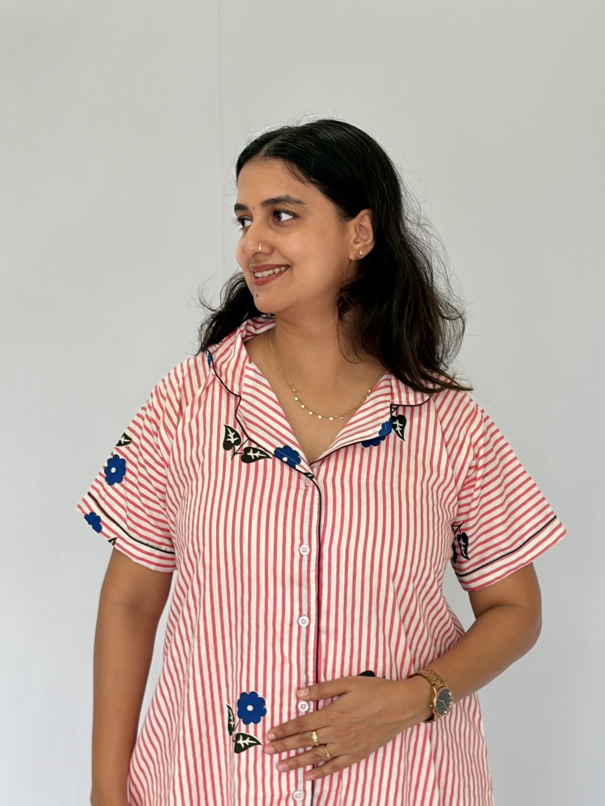 Peach Stripe And Blue Floral Printed Premium Cotton Full Open Long Polo Shirt Dress | Side Pocket | Free Size | Chest Width 44″| Length 44″