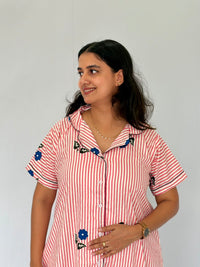 Peach Stripe And Blue Floral Printed Premium Cotton Full Open Long Polo Shirt Dress | Side Pocket | Free Size | Chest Width 44″| Length 44″