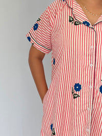 Peach Stripe And Blue Floral Printed Premium Cotton Full Open Long Polo Shirt Dress | Side Pocket | Free Size | Chest Width 44″| Length 44″