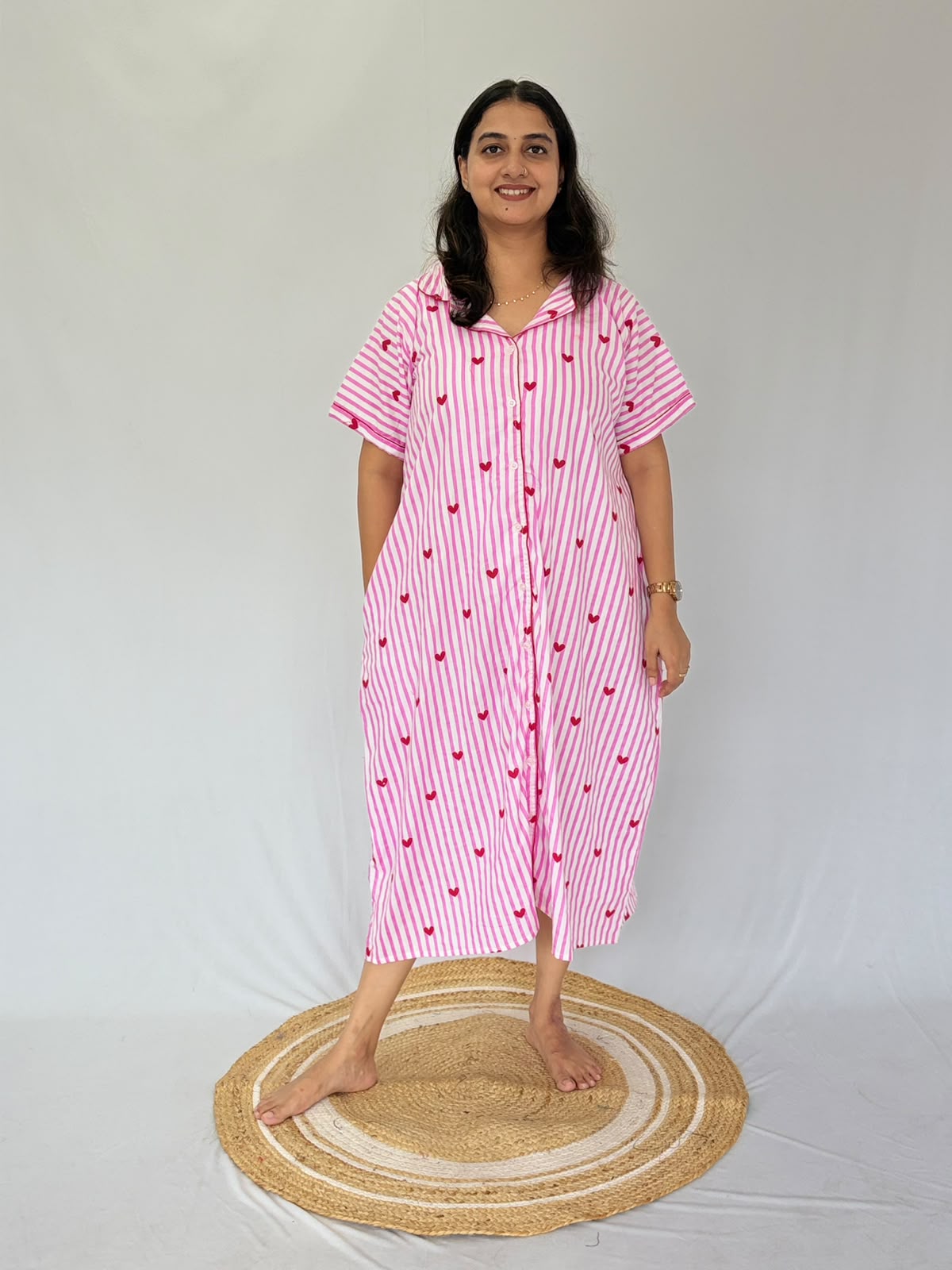 Pink Stripes And Red Heart Printed Premium Cotton Full Open Long Polo Shirt Dress | Side Pocket | Free Size | Chest Width 44″| Length 44″
