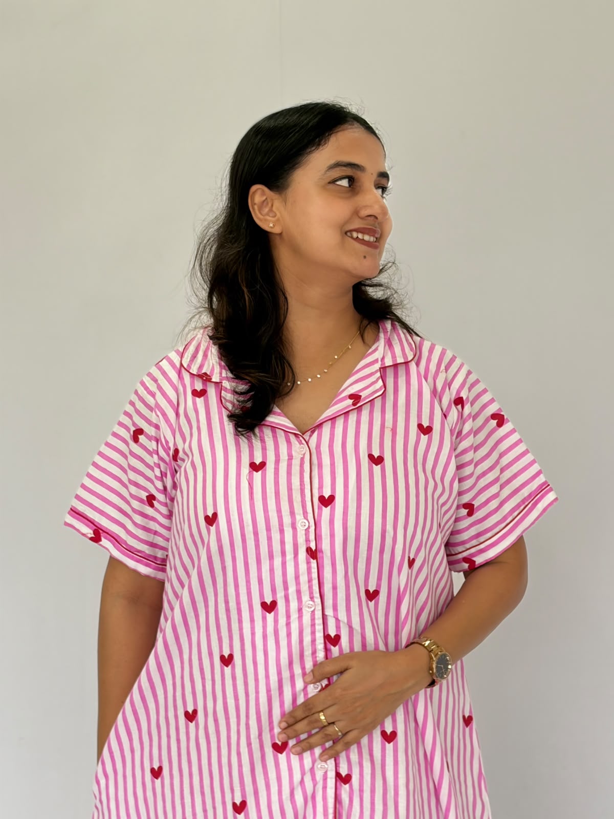 Pink Stripes And Red Heart Printed Premium Cotton Full Open Long Polo Shirt Dress | Side Pocket | Free Size | Chest Width 44″| Length 44″