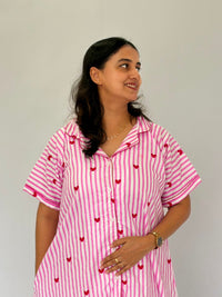 Pink Stripes And Red Heart Printed Premium Cotton Full Open Long Polo Shirt Dress | Side Pocket | Free Size | Chest Width 44″| Length 44″