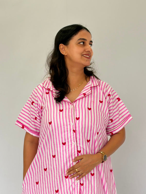 Pink Stripes And Red Heart Printed Premium Cotton Full Open Long Polo Shirt Dress | Side Pocket | Free Size | Chest Width 44″| Length 44″
