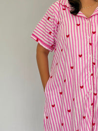 Pink Stripes And Red Heart Printed Premium Cotton Full Open Long Polo Shirt Dress | Side Pocket | Free Size | Chest Width 44″| Length 44″