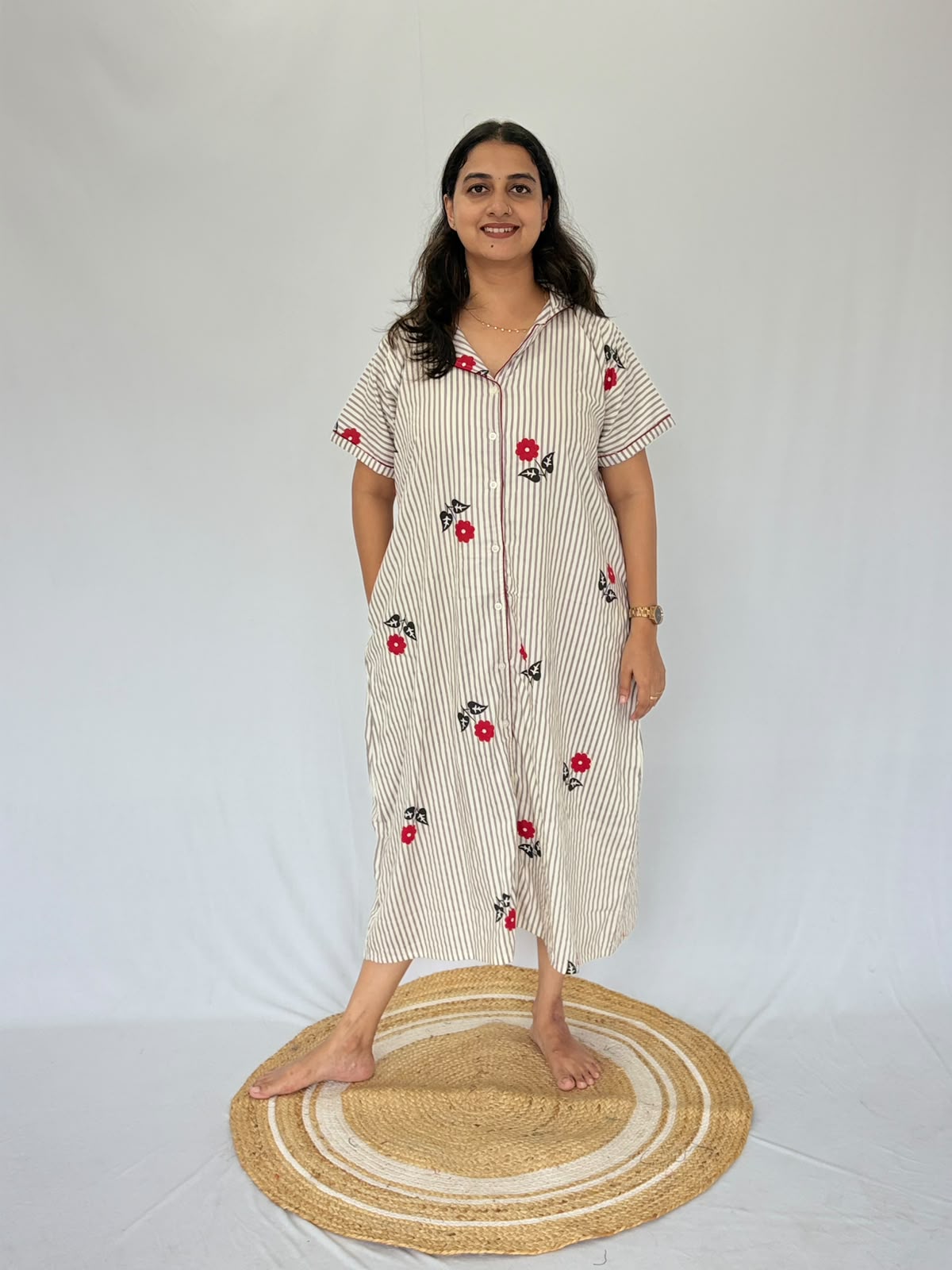 Grey Stripe And Red Floral Printed Premium Cotton Full Open Long Polo Shirt Dress | Side Pocket | Free Size | Chest Width 44″| Length 44″