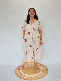 Grey Stripe And Red Floral Printed Premium Cotton Full Open Long Polo Shirt Dress | Side Pocket | Free Size | Chest Width 44″| Length 44″