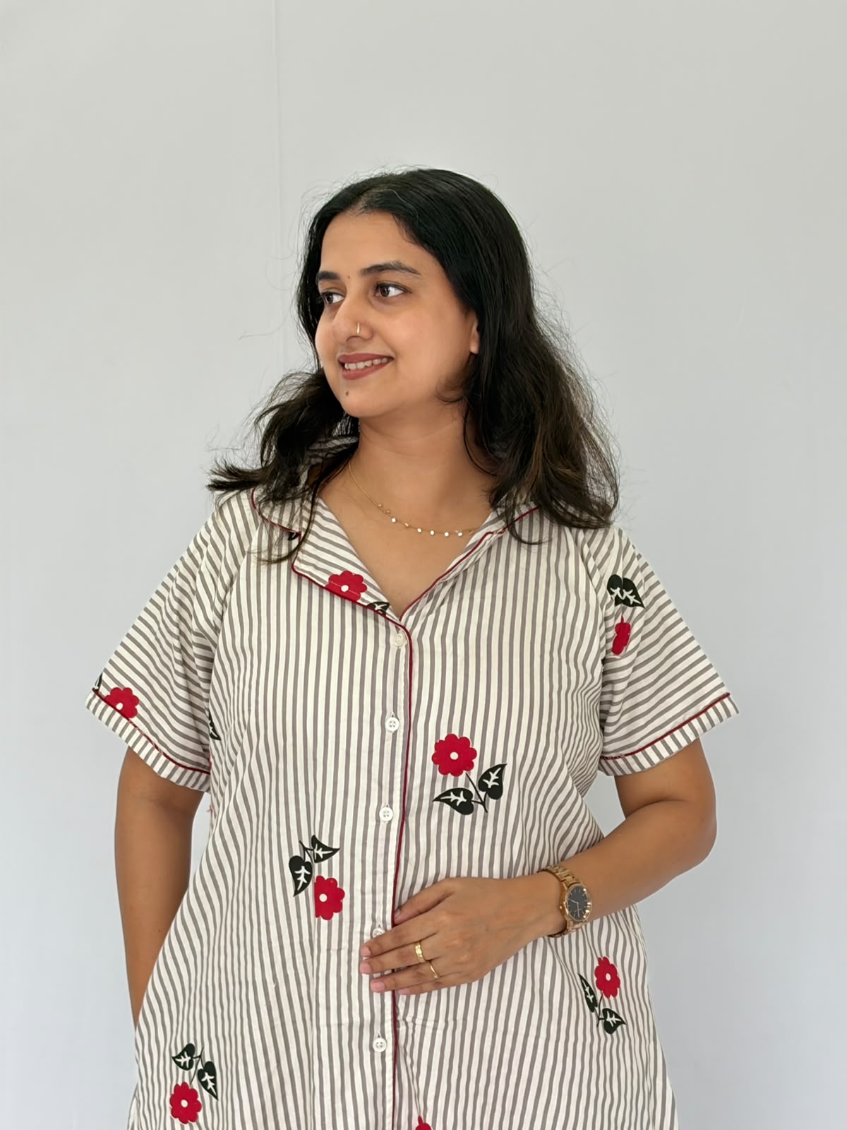 Grey Stripe And Red Floral Printed Premium Cotton Full Open Long Polo Shirt Dress | Side Pocket | Free Size | Chest Width 44″| Length 44″