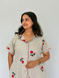 Grey Stripe And Red Floral Printed Premium Cotton Full Open Long Polo Shirt Dress | Side Pocket | Free Size | Chest Width 44″| Length 44″