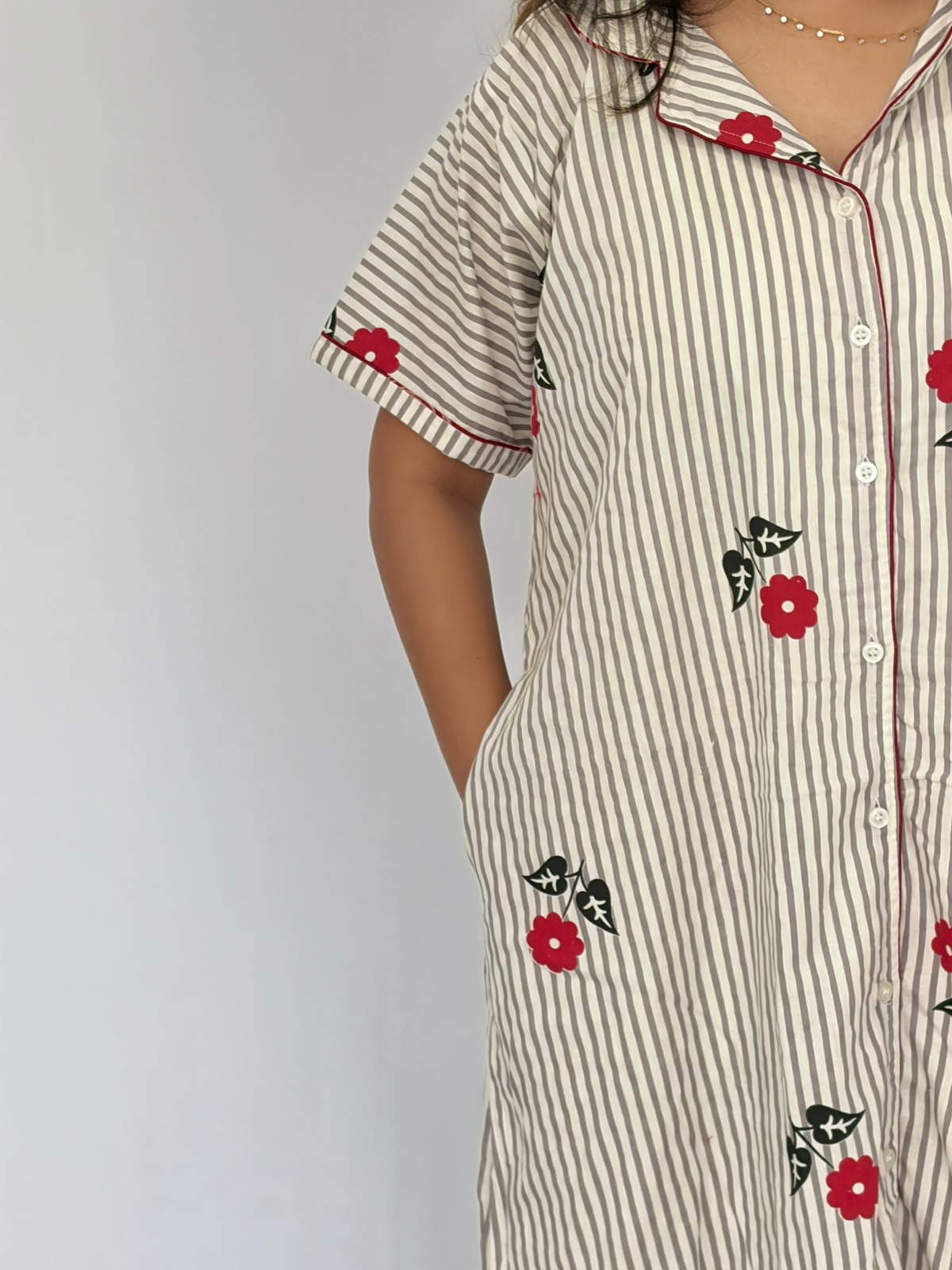 Grey Stripe And Red Floral Printed Premium Cotton Full Open Long Polo Shirt Dress | Side Pocket | Free Size | Chest Width 44″| Length 44″
