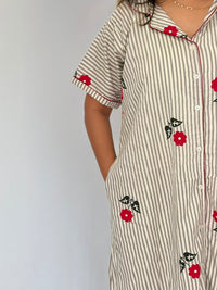 Grey Stripe And Red Floral Printed Premium Cotton Full Open Long Polo Shirt Dress | Side Pocket | Free Size | Chest Width 44″| Length 44″