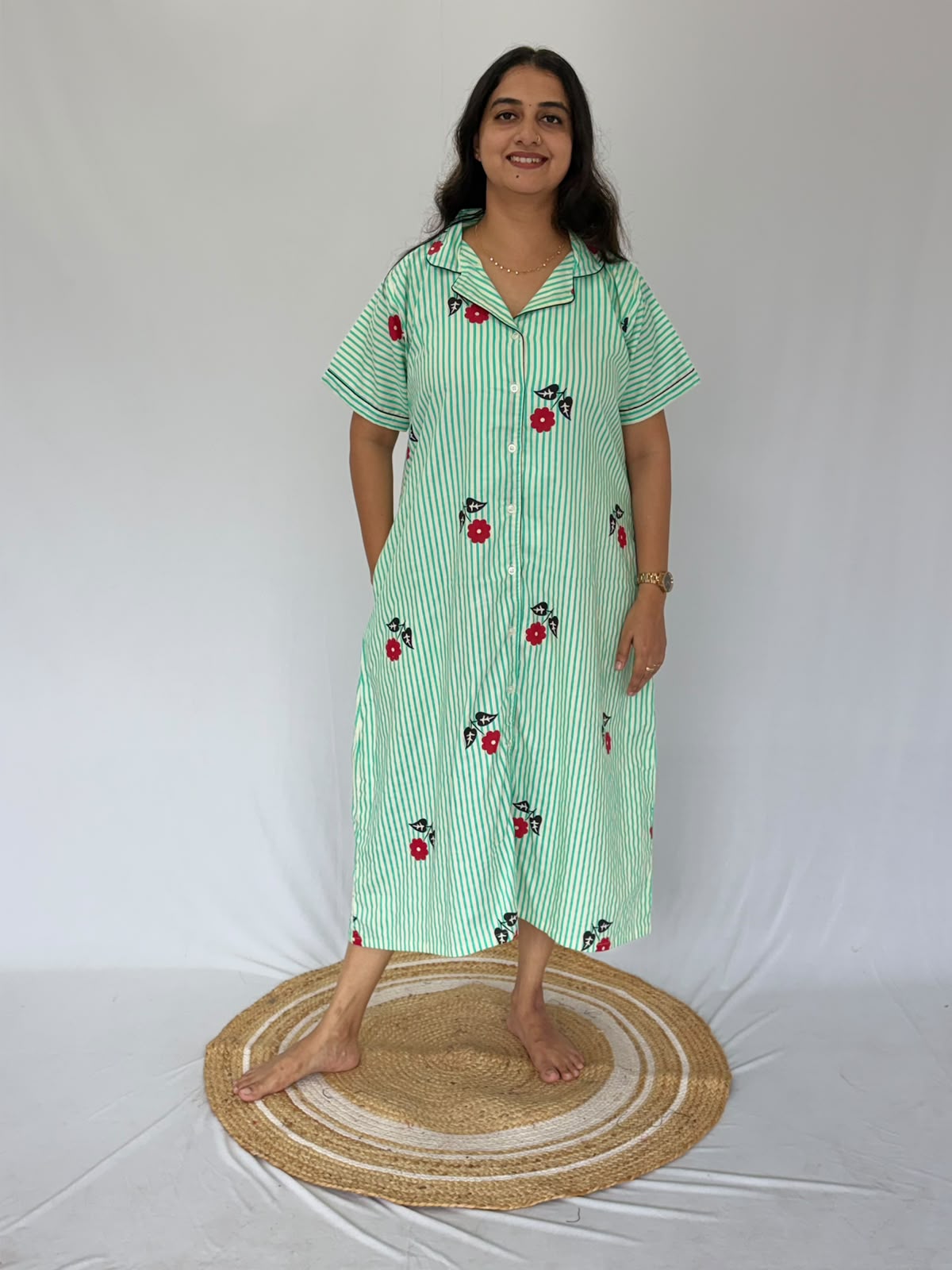 Green Stripe And Red Floral Printed Premium Cotton Full Open Long Polo Shirt Dress | Side Pocket | Free Size | Chest Width 44″| Length 44″