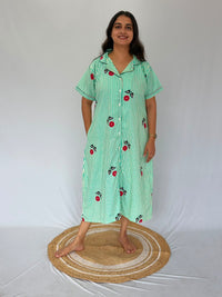 Green Stripe And Red Floral Printed Premium Cotton Full Open Long Polo Shirt Dress | Side Pocket | Free Size | Chest Width 44″| Length 44″