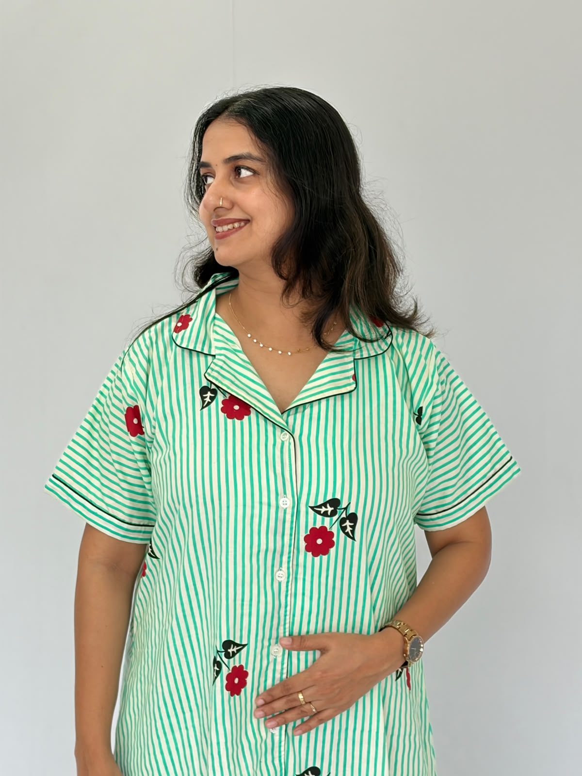 Green Stripe And Red Floral Printed Premium Cotton Full Open Long Polo Shirt Dress | Side Pocket | Free Size | Chest Width 44″| Length 44″