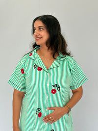 Green Stripe And Red Floral Printed Premium Cotton Full Open Long Polo Shirt Dress | Side Pocket | Free Size | Chest Width 44″| Length 44″