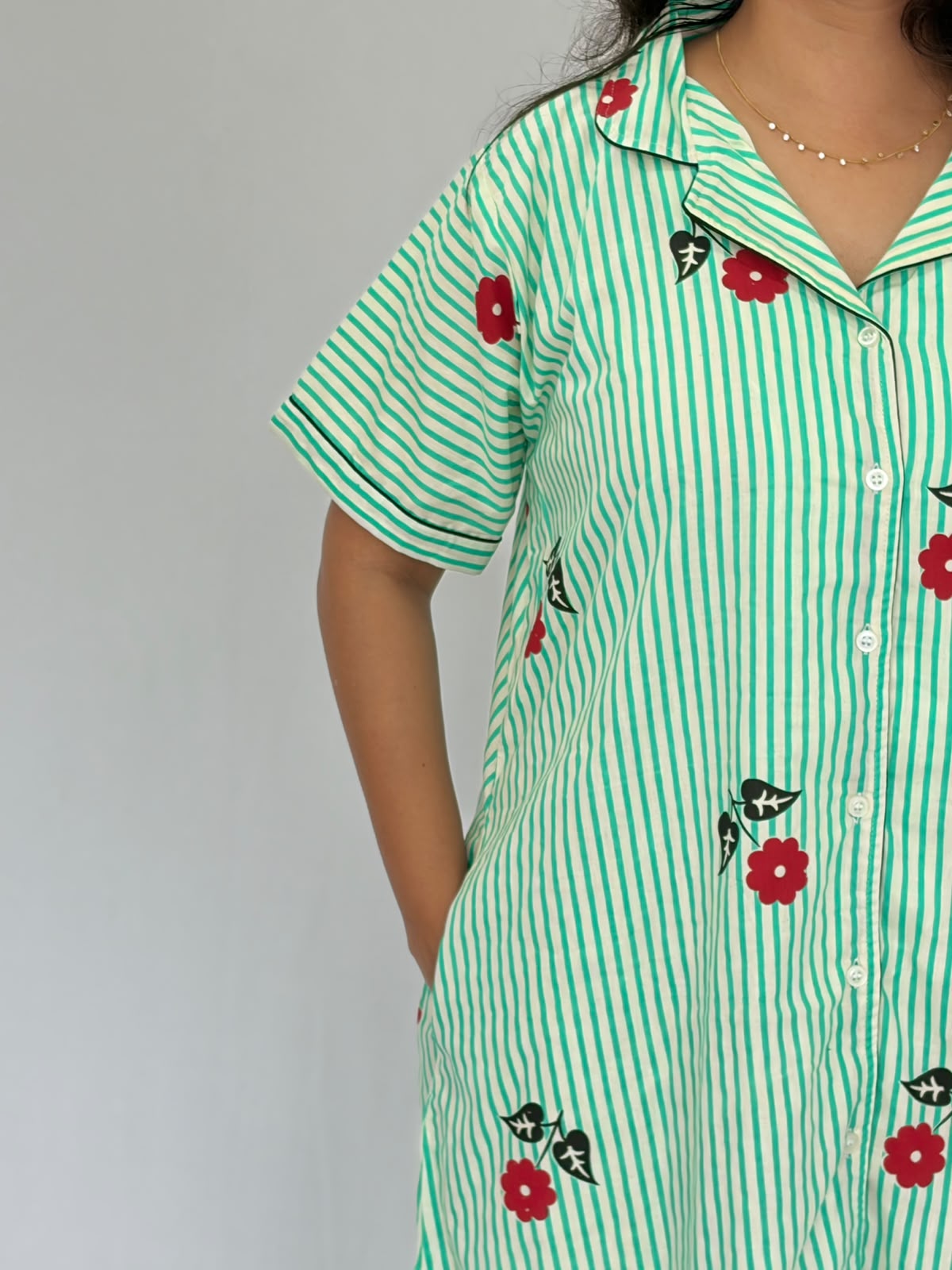 Green Stripe And Red Floral Printed Premium Cotton Full Open Long Polo Shirt Dress | Side Pocket | Free Size | Chest Width 44″| Length 44″