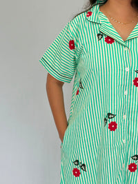 Green Stripe And Red Floral Printed Premium Cotton Full Open Long Polo Shirt Dress | Side Pocket | Free Size | Chest Width 44″| Length 44″