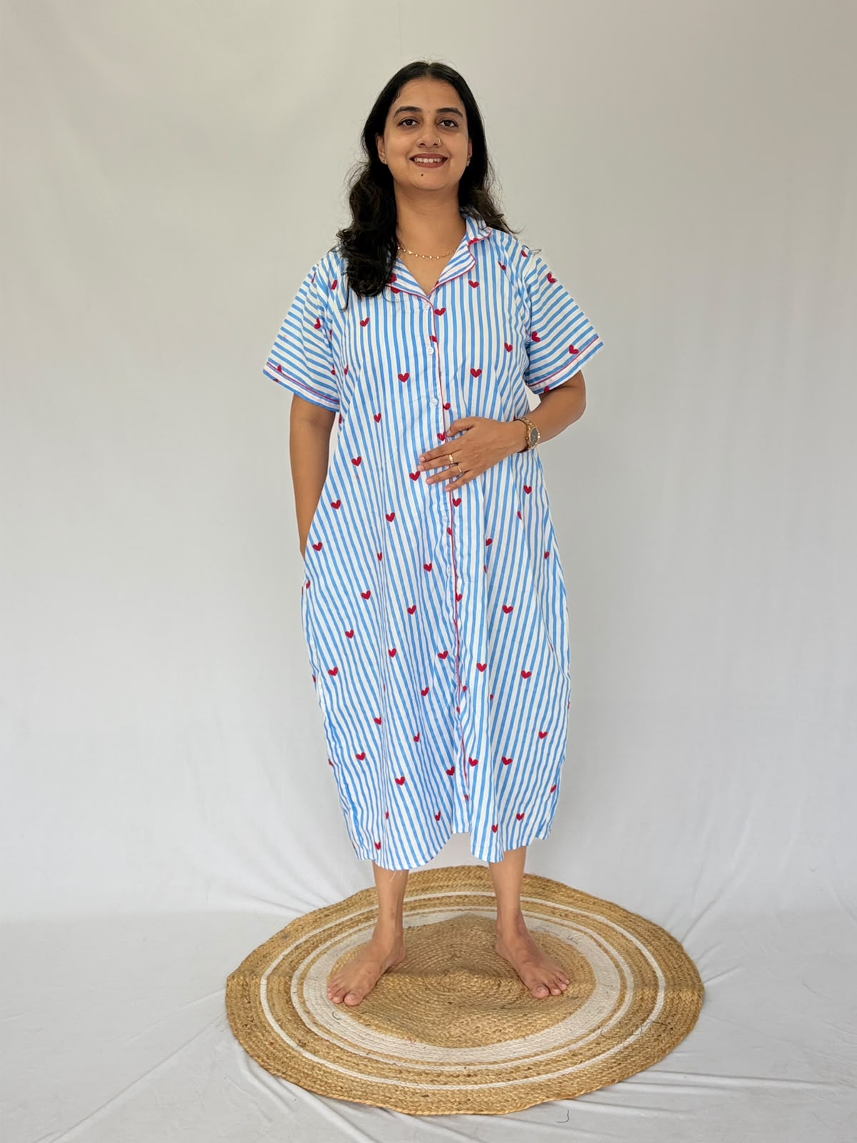 Blue Stripe And Red Heart Printed Premium Cotton Full Open Long Polo Shirt Dress | Side Pocket | Free Size | Chest Width 44″| Length 44″