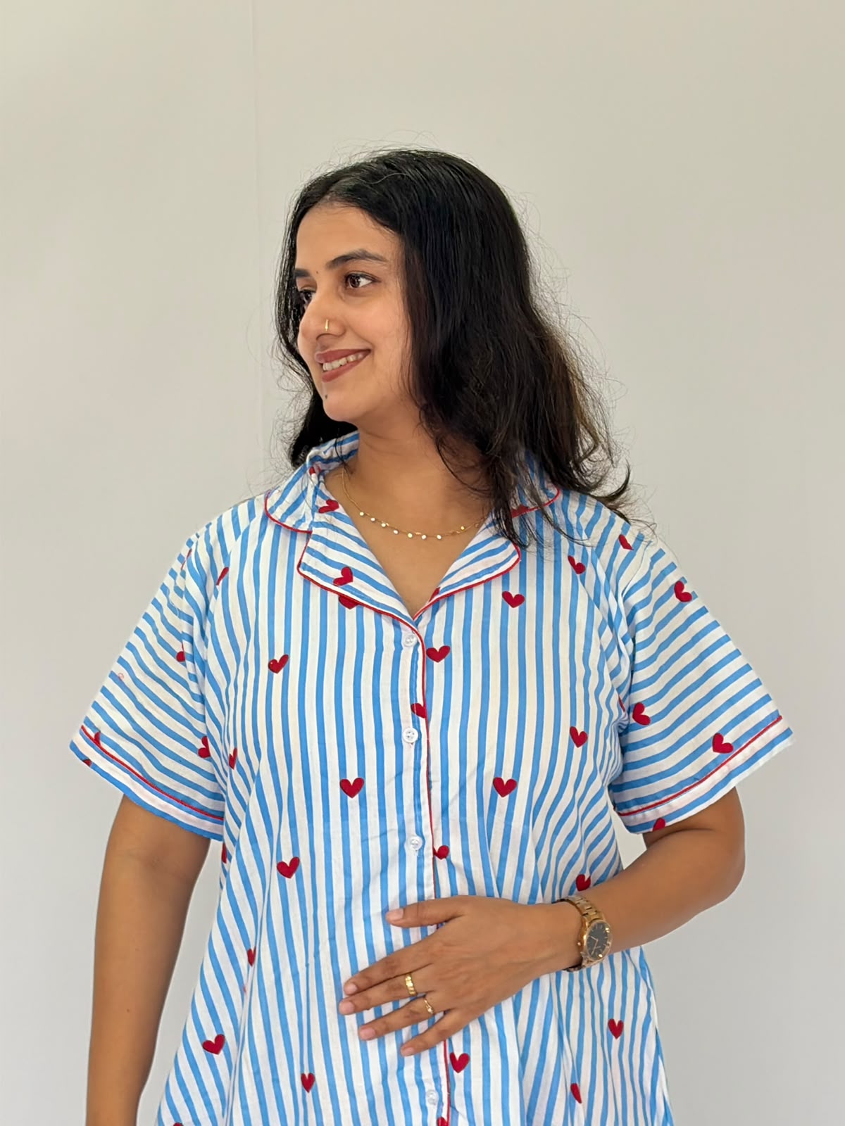 Blue Stripe And Red Heart Printed Premium Cotton Full Open Long Polo Shirt Dress | Side Pocket | Free Size | Chest Width 44″| Length 44″