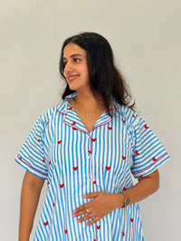 Blue Stripe And Red Heart Printed Premium Cotton Full Open Long Polo Shirt Dress | Side Pocket | Free Size | Chest Width 44″| Length 44″