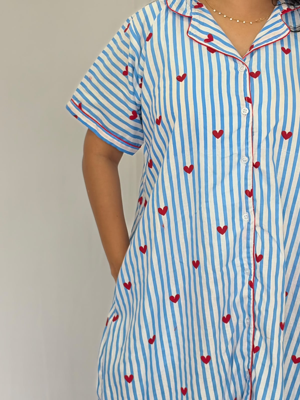 Blue Stripe And Red Heart Printed Premium Cotton Full Open Long Polo Shirt Dress | Side Pocket | Free Size | Chest Width 44″| Length 44″