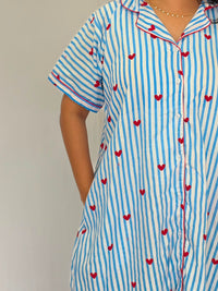 Blue Stripe And Red Heart Printed Premium Cotton Full Open Long Polo Shirt Dress | Side Pocket | Free Size | Chest Width 44″| Length 44″