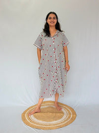 Black Stripe And Red Heart Printed Premium Cotton Full Open Long Polo Shirt Dress | Side Pocket | Free Size | Chest Width 44″| Length 44″