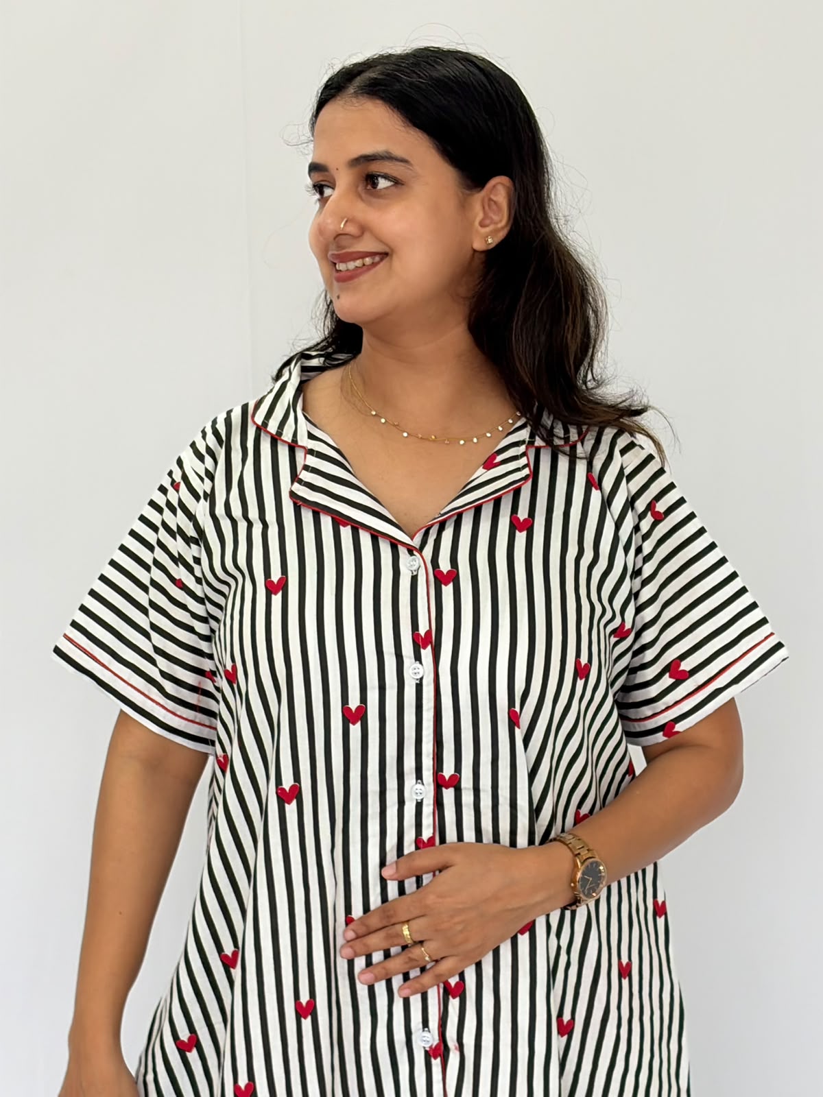 Black Stripe And Red Heart Printed Premium Cotton Full Open Long Polo Shirt Dress | Side Pocket | Free Size | Chest Width 44″| Length 44″