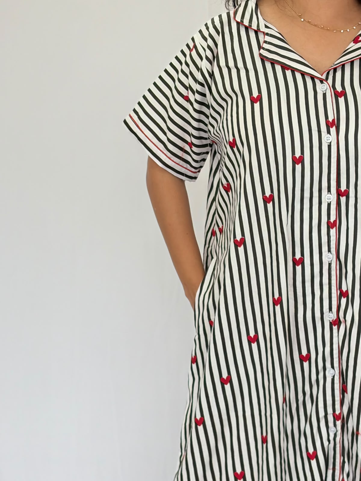 Black Stripe And Red Heart Printed Premium Cotton Full Open Long Polo Shirt Dress | Side Pocket | Free Size | Chest Width 44″| Length 44″