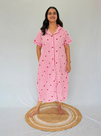 Peach Stripe And Red Heart Printed Premium Cotton Full Open Long Polo Shirt Dress | Side Pocket | Free Size | Chest Width 44″| Length 44″