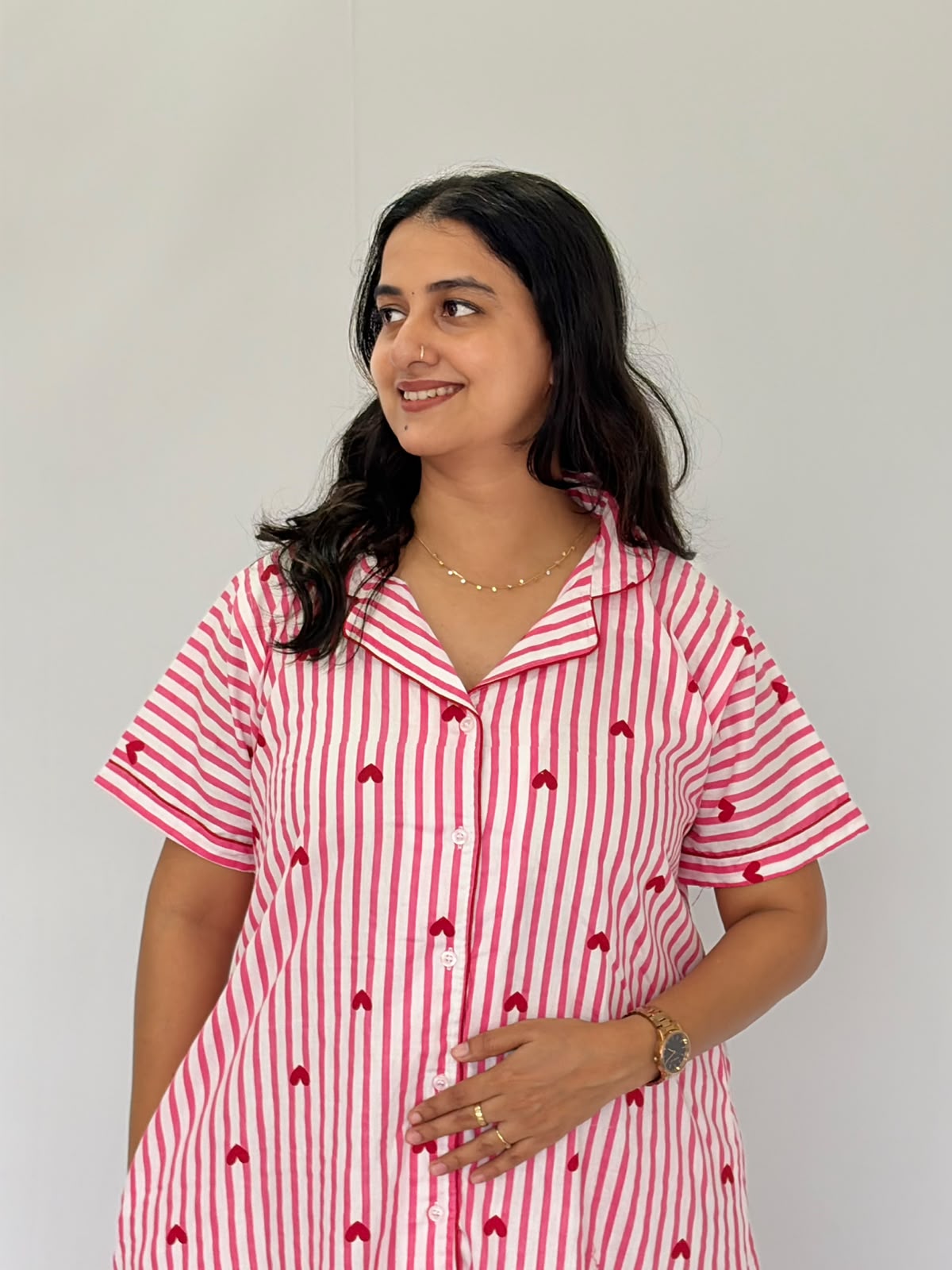 Peach Stripe And Red Heart Printed Premium Cotton Full Open Long Polo Shirt Dress | Side Pocket | Free Size | Chest Width 44″| Length 44″