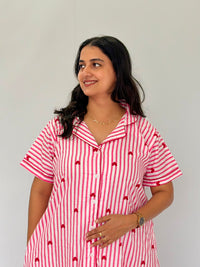 Peach Stripe And Red Heart Printed Premium Cotton Full Open Long Polo Shirt Dress | Side Pocket | Free Size | Chest Width 44″| Length 44″