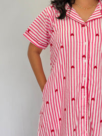 Peach Stripe And Red Heart Printed Premium Cotton Full Open Long Polo Shirt Dress | Side Pocket | Free Size | Chest Width 44″| Length 44″
