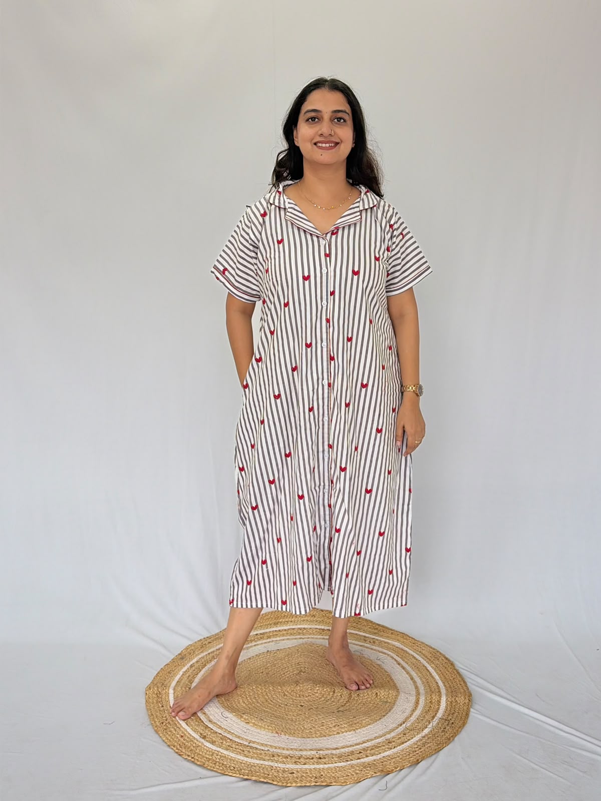 Grey Stripe And Red Heart Printed Premium Cotton Full Open Long Polo Shirt Dress | Side Pocket | Free Size | Chest Width 44″| Length 44″