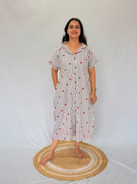 Grey Stripe And Red Heart Printed Premium Cotton Full Open Long Polo Shirt Dress | Side Pocket | Free Size | Chest Width 44″| Length 44″