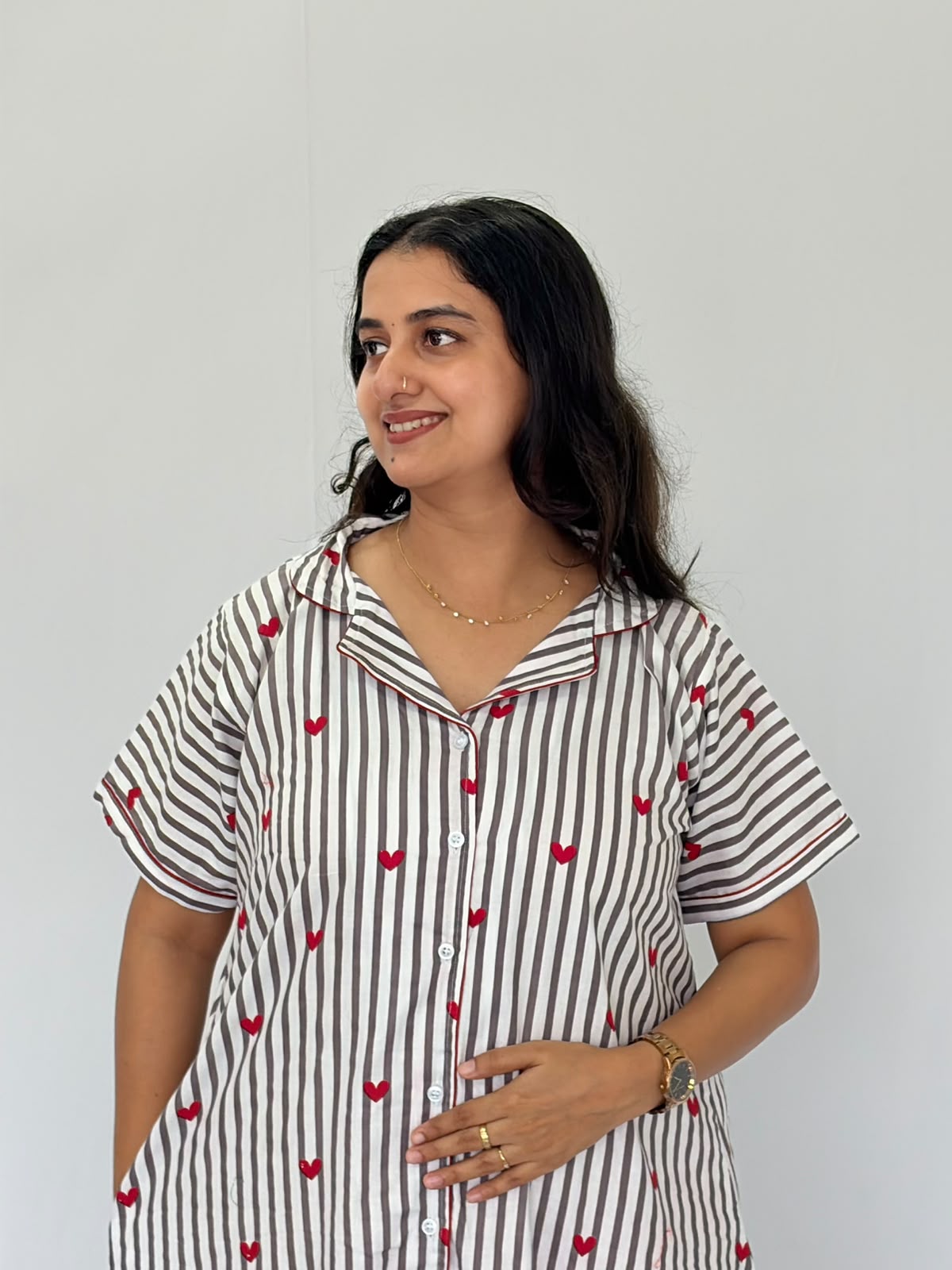 Grey Stripe And Red Heart Printed Premium Cotton Full Open Long Polo Shirt Dress | Side Pocket | Free Size | Chest Width 44″| Length 44″