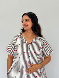 Grey Stripe And Red Heart Printed Premium Cotton Full Open Long Polo Shirt Dress | Side Pocket | Free Size | Chest Width 44″| Length 44″