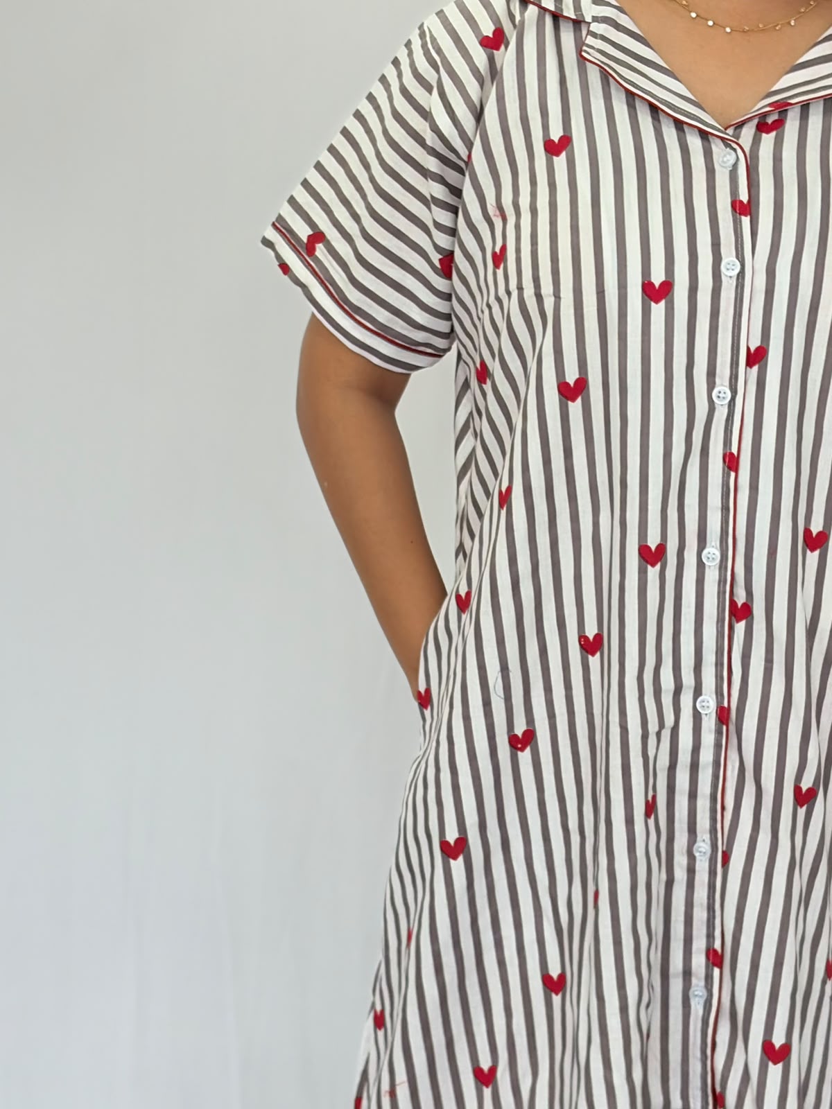 Grey Stripe And Red Heart Printed Premium Cotton Full Open Long Polo Shirt Dress | Side Pocket | Free Size | Chest Width 44″| Length 44″