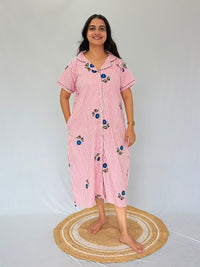 Pink Stripe And Blue Floral Printed Premium Cotton Full Open Long Polo Shirt Dress | Side Pocket | Free Size | Chest Width 44″| Length 44″