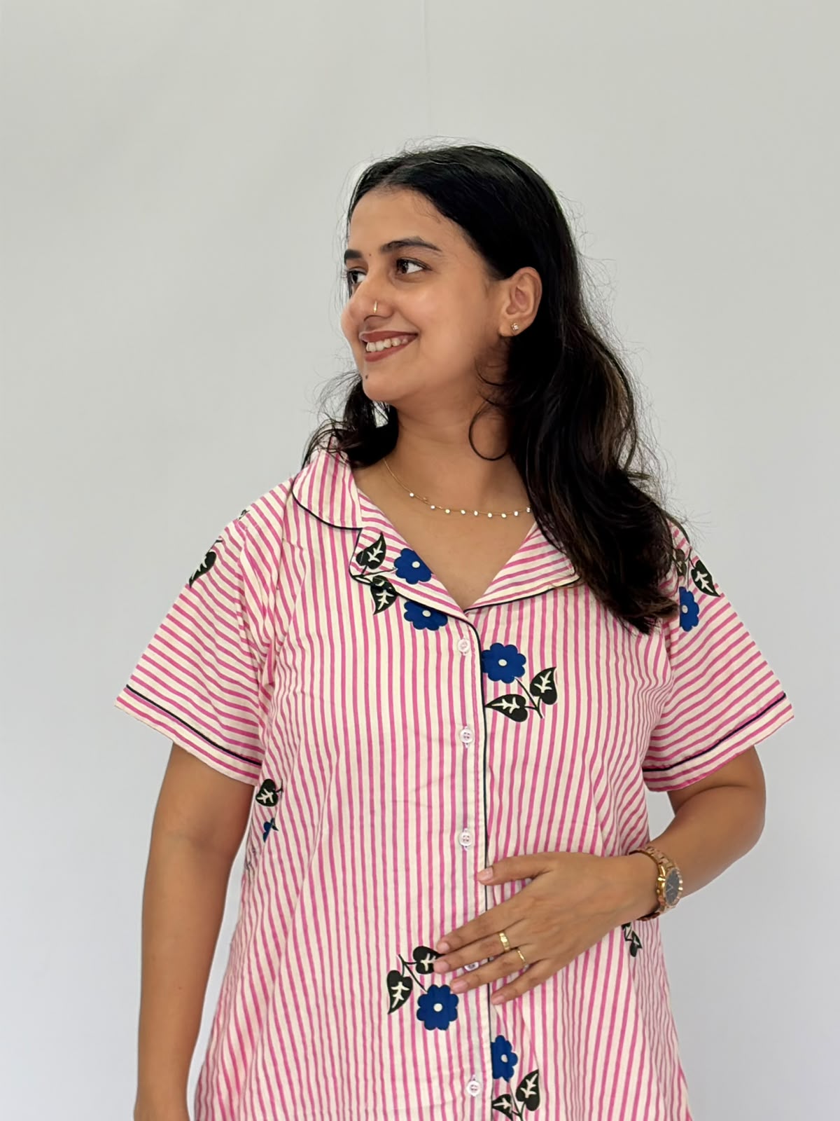 Pink Stripe And Blue Floral Printed Premium Cotton Full Open Long Polo Shirt Dress | Side Pocket | Free Size | Chest Width 44″| Length 44″