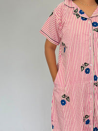 Pink Stripe And Blue Floral Printed Premium Cotton Full Open Long Polo Shirt Dress | Side Pocket | Free Size | Chest Width 44″| Length 44″