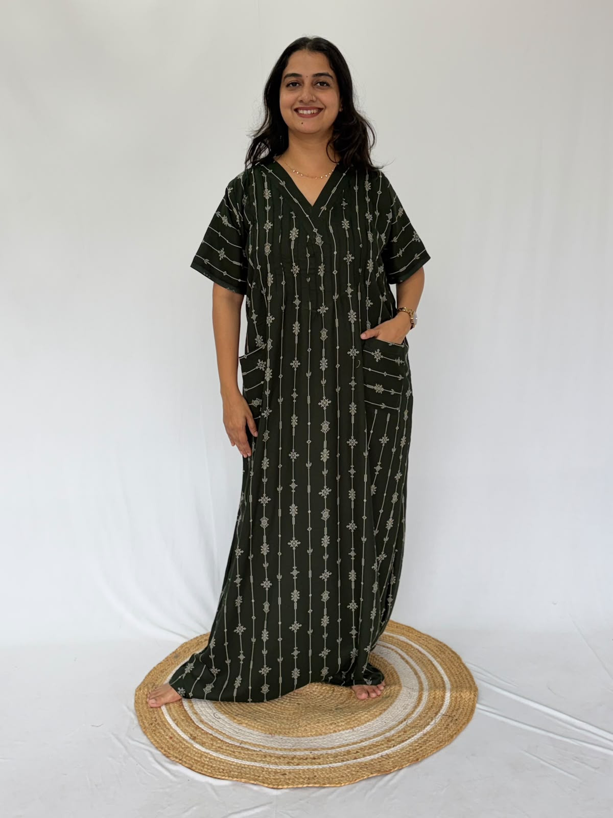Green Printed V-Neck Alfine Churidar Cut Nighty | Free Size | Chest Width 44″| Length 56″