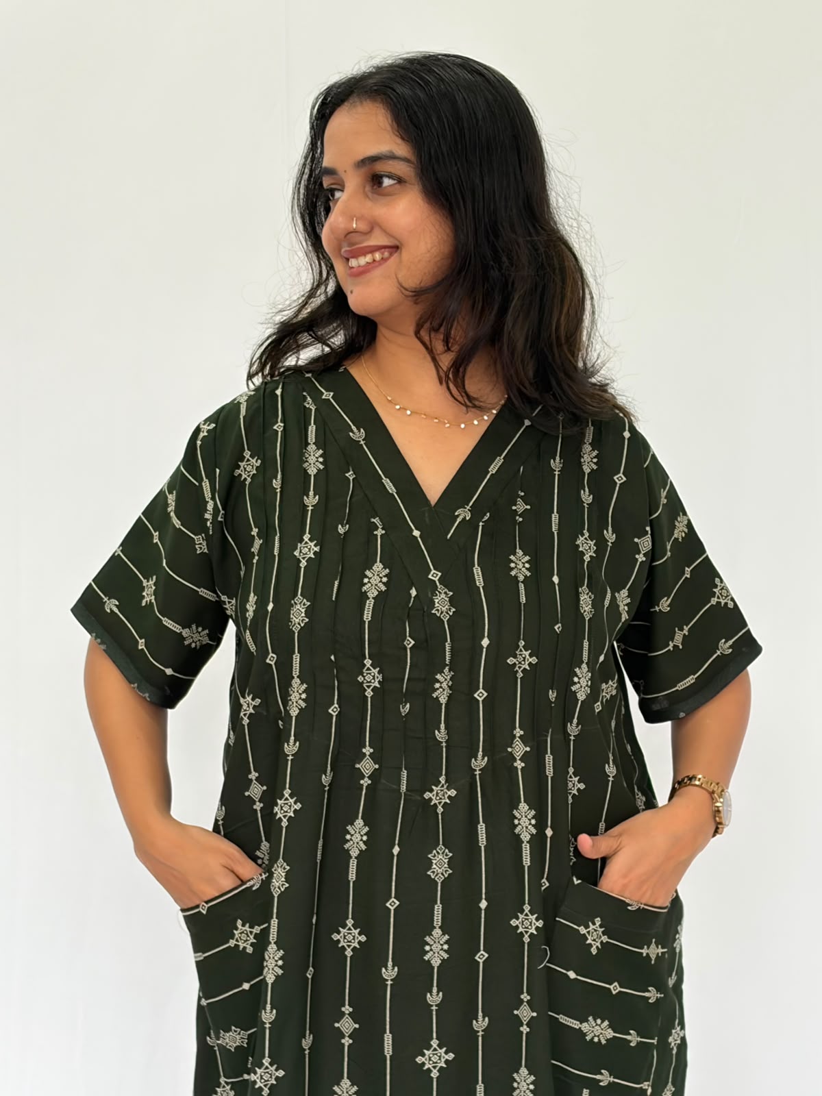 Green Printed V-Neck Alfine Churidar Cut Nighty | Free Size | Chest Width 44″| Length 56″