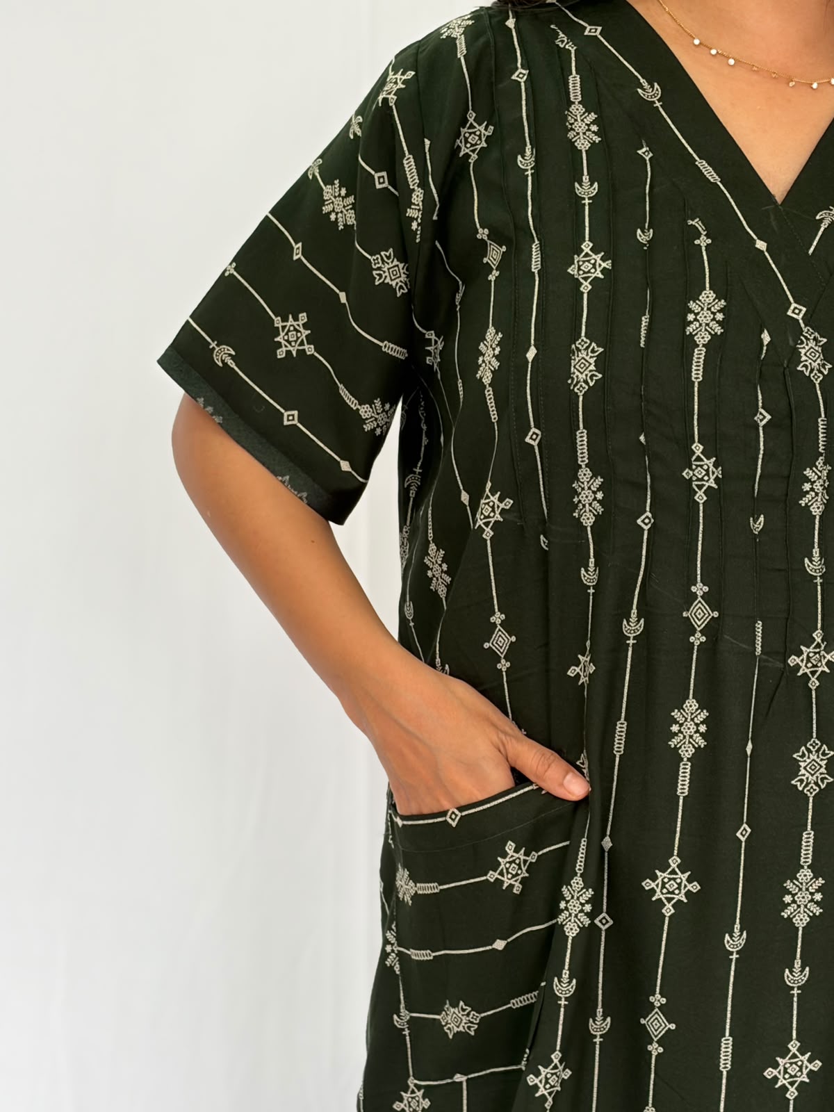 Green Printed V-Neck Alfine Churidar Cut Nighty | Free Size | Chest Width 44″| Length 56″