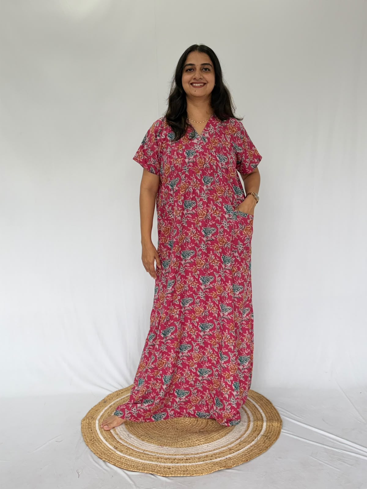 Pink Floral Printed V-Neck Alfine Churidar Cut Nighty | Free Size | Chest Width 44″| Length 56″