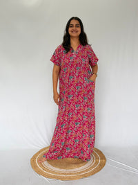 Pink Floral Printed V-Neck Alfine Churidar Cut Nighty | Free Size | Chest Width 44″| Length 56″