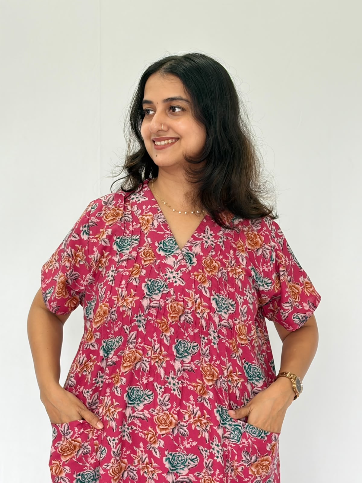Pink Floral Printed V-Neck Alfine Churidar Cut Nighty | Free Size | Chest Width 44″| Length 56″