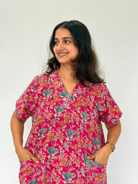 Pink Floral Printed V-Neck Alfine Churidar Cut Nighty | Free Size | Chest Width 44″| Length 56″