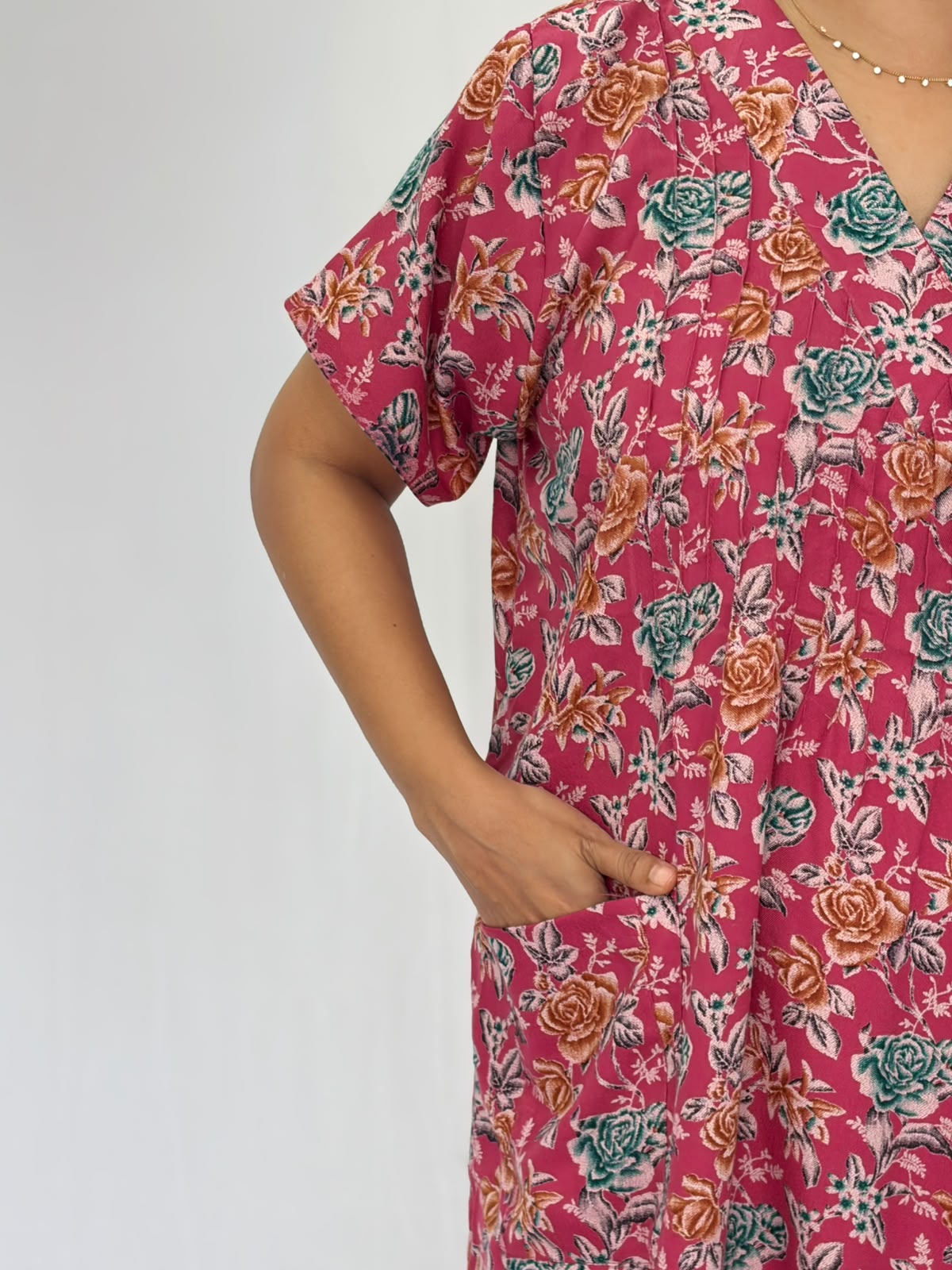 Pink Floral Printed V-Neck Alfine Churidar Cut Nighty | Free Size | Chest Width 44″| Length 56″