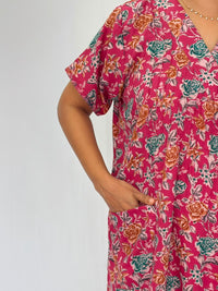 Pink Floral Printed V-Neck Alfine Churidar Cut Nighty | Free Size | Chest Width 44″| Length 56″